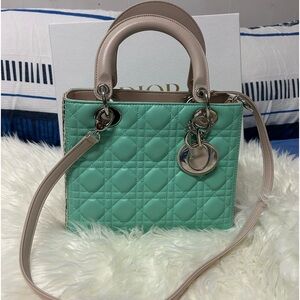 Christian Lady Dior Phyton Medium Tiffany Blue Silver Hardware Lambskin